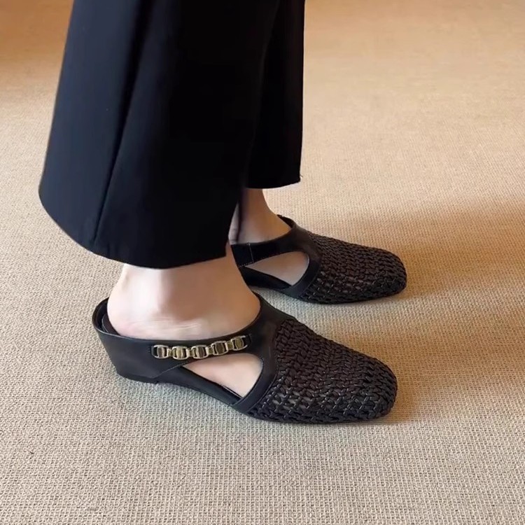 Versión de piel de oveja con aumento interior de 7cm tejido hueca puntera media pantuflas penetrantes exteriores a juego de aire falda sandalias de plataforma mujer