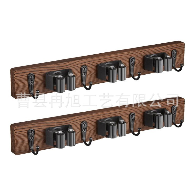 Iron-wood Combination Mop Hook Shelf Walnut Mop Bom Hanger Non-perforated Storage Rack