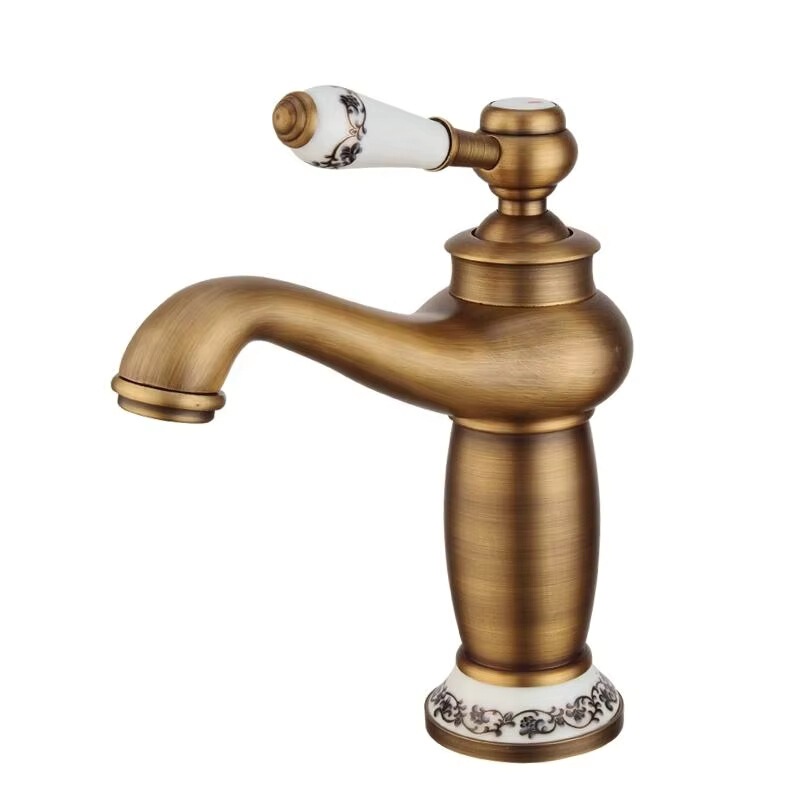 Antique Brass Basin Faucet, Single-Hole Installation, with Ceramic Handle, Metered Water Faucet in Antique Copper Finish