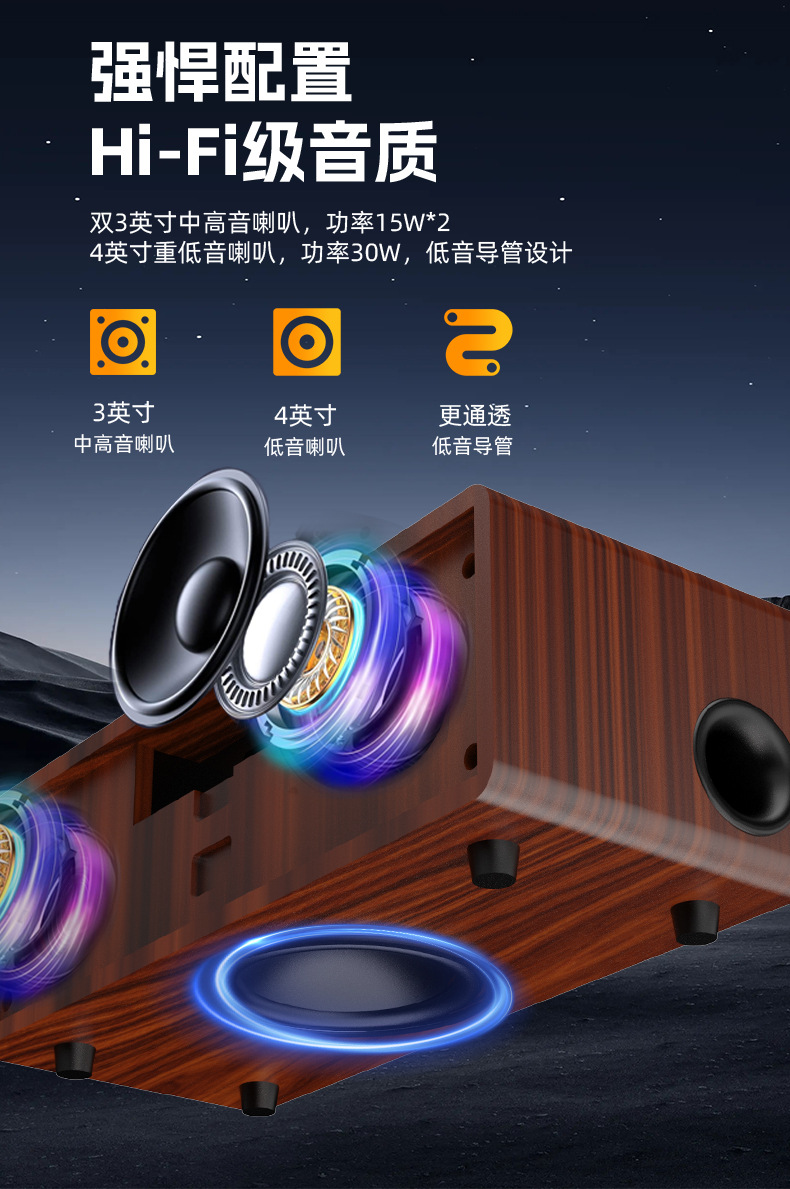 跨境新款木质蓝牙声卡插卡大功率音响家庭唱K歌家用立体声效音箱