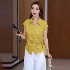 女性用のファッショナブルな半袖シャツスーツ、夏の新しいスタイル、年齢を減らす不規則なシャツ、小柄な人向けのカジュアルなワイドレッグパンツ