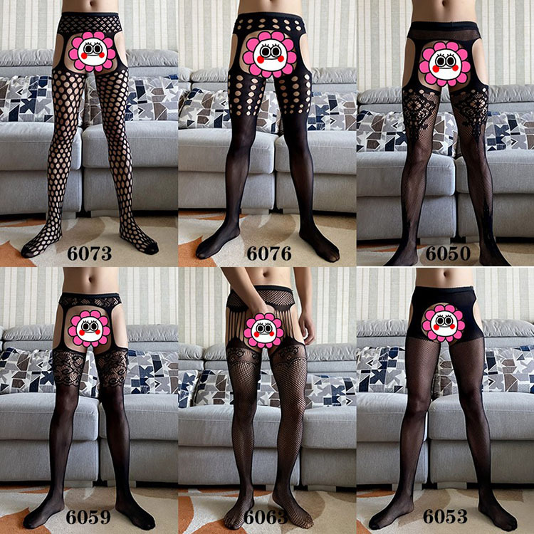 Men's Sexy Lingerie Hollow Out Garter Jacquard Pants Leggings European and American Fishnet Stockings