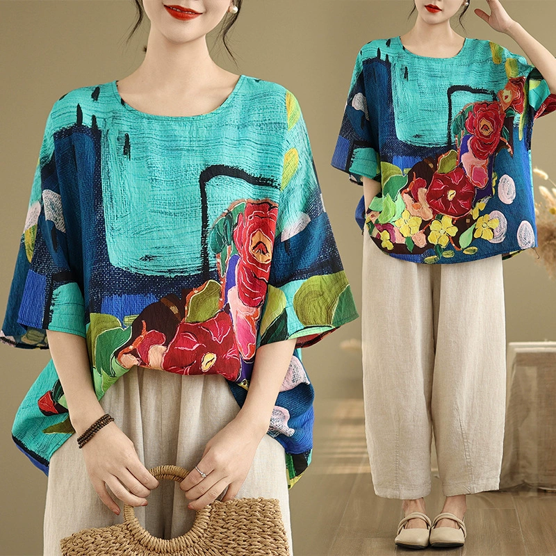 На самом деле стреляй в 2025 году, новый летний хлопок, национальный ветер, летучая мышь рукава, свободная футболка большого размера с круглым вырезом, женская 91875 #