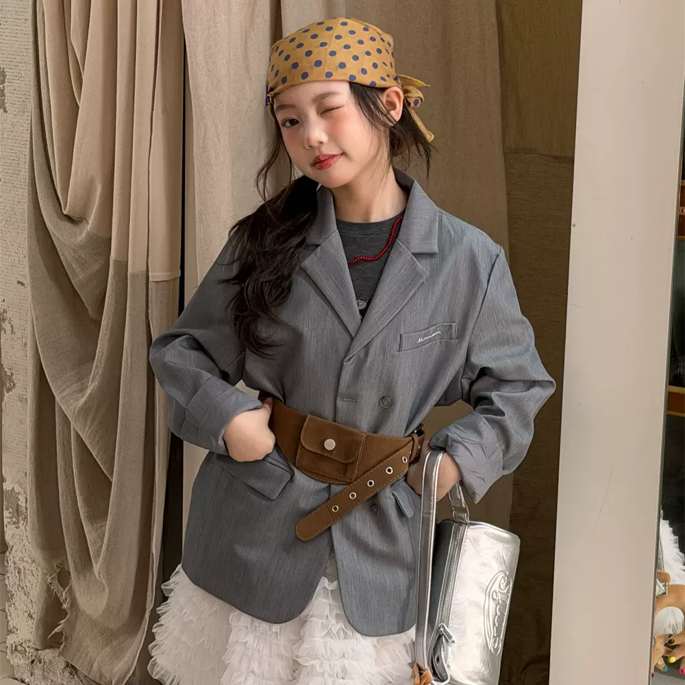 花与寻童装女童西装外套2026年春款灰色宽松休闲百搭英伦风上衣潮