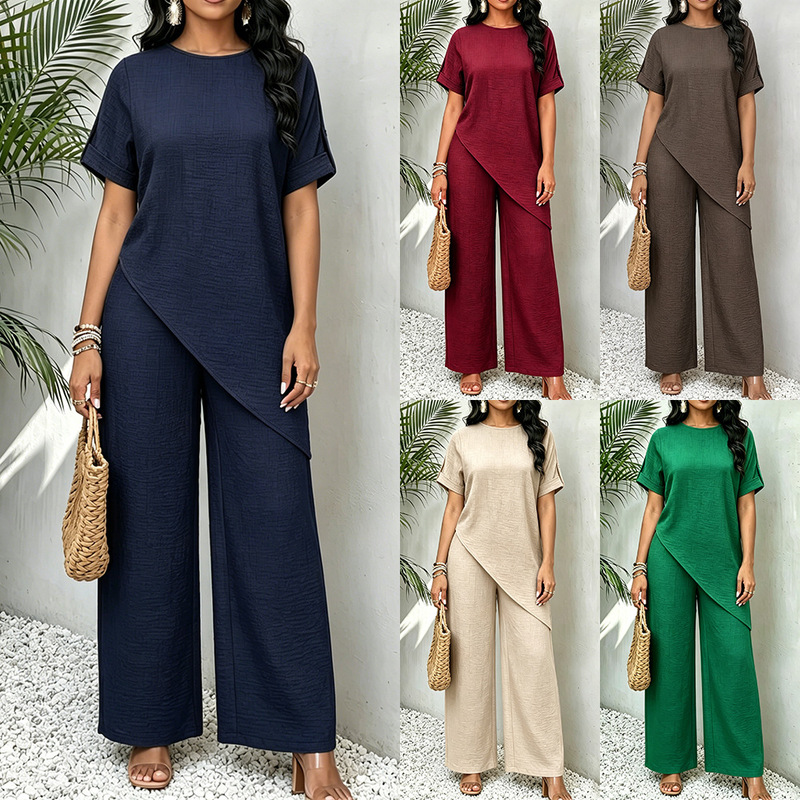 European and American cross-border foreign trade 2026 summer loose-fitting round-neck irregular mid-length top and wide-leg pants casual two-piece set