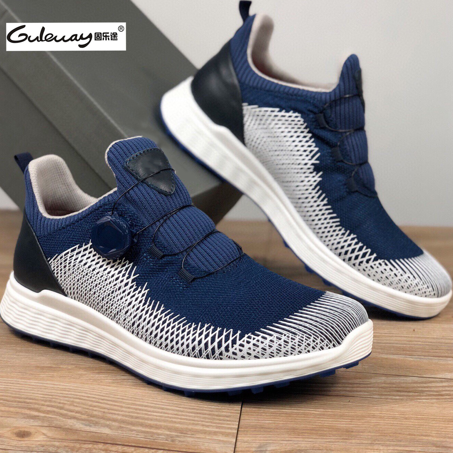 REPLACFR 새로운 남성 직물 통기성 스터드리스 골프 신발 플라이 짠 운동화 자동 스크류 버클 레이스