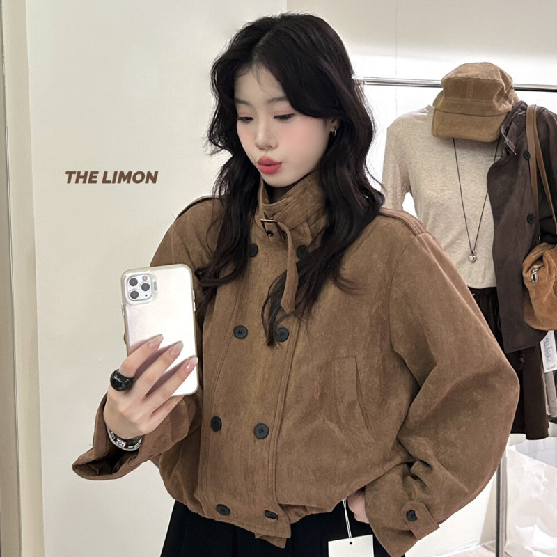 the limon柠檬绿茶复古麂皮绒夹克短外套女2025秋季立领短款上衣|undefined