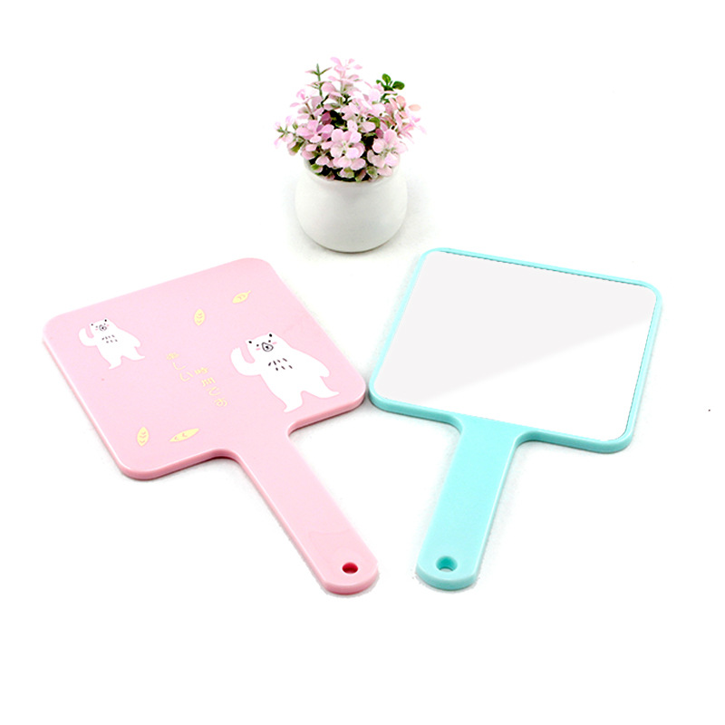 Mango espejo publicidad espejo de maquillaje plástico lindo redondo cuadrado regalo portátil espejo de maquillaje de mano