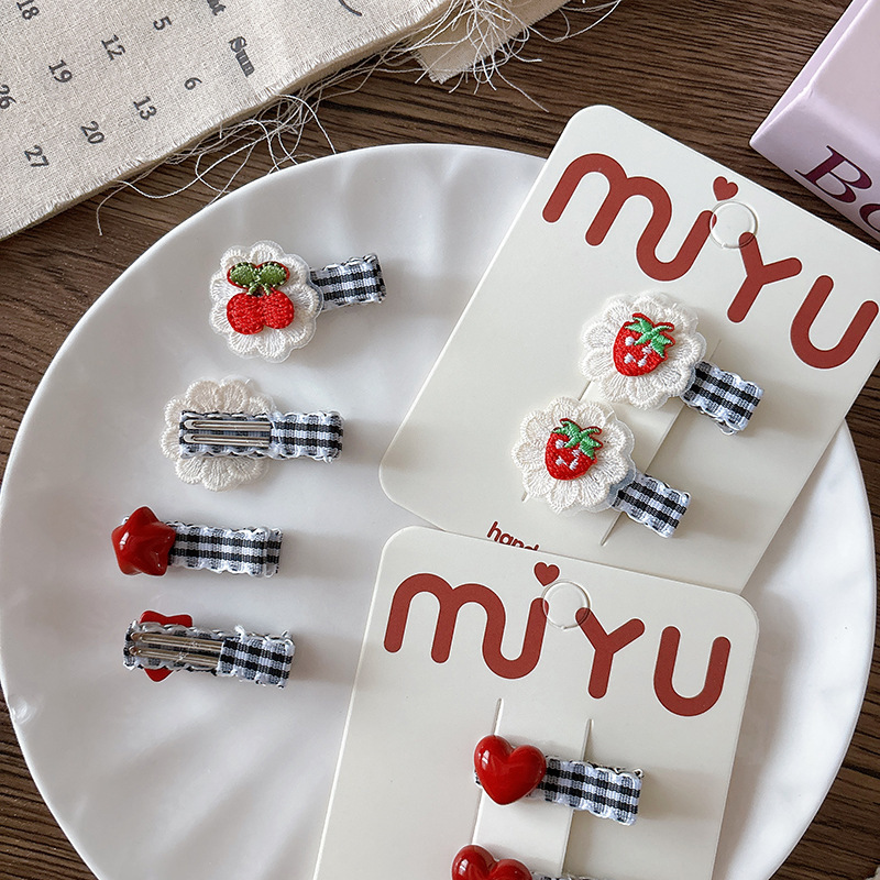 韩系格纹红黑色花边鸭嘴夹樱桃刺绣碎发bb夹儿童甜美刘海夹子发饰|undefined