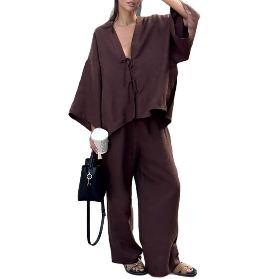 2025 spring and summer new casual cotton suit lace-up jacket wide leg pants Europe and the United States cross-border women's wholesale