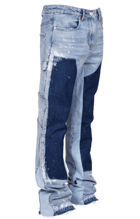 Men's Denim Overalls Fashion Elastic Patch Flared Jeans_voghion.com