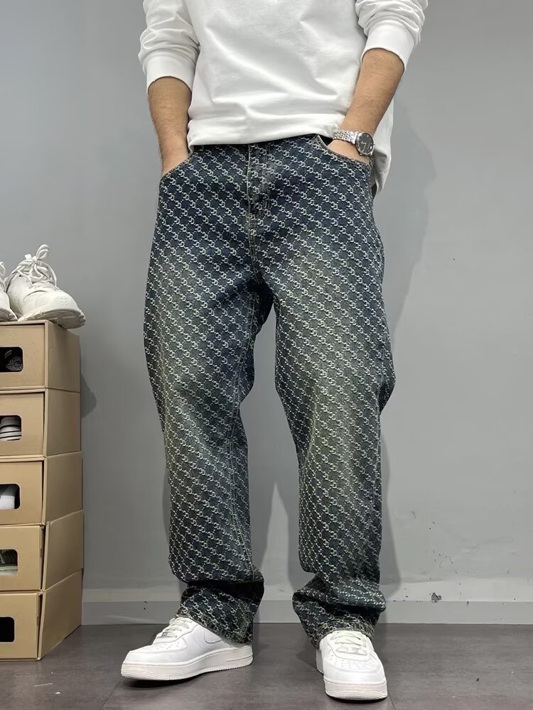 Men's Clothing High End Men's Straight Leg Jeans Streetwear American High Street Style Cool Edgy Vibe Full Print Embroidery_mkmklike.com