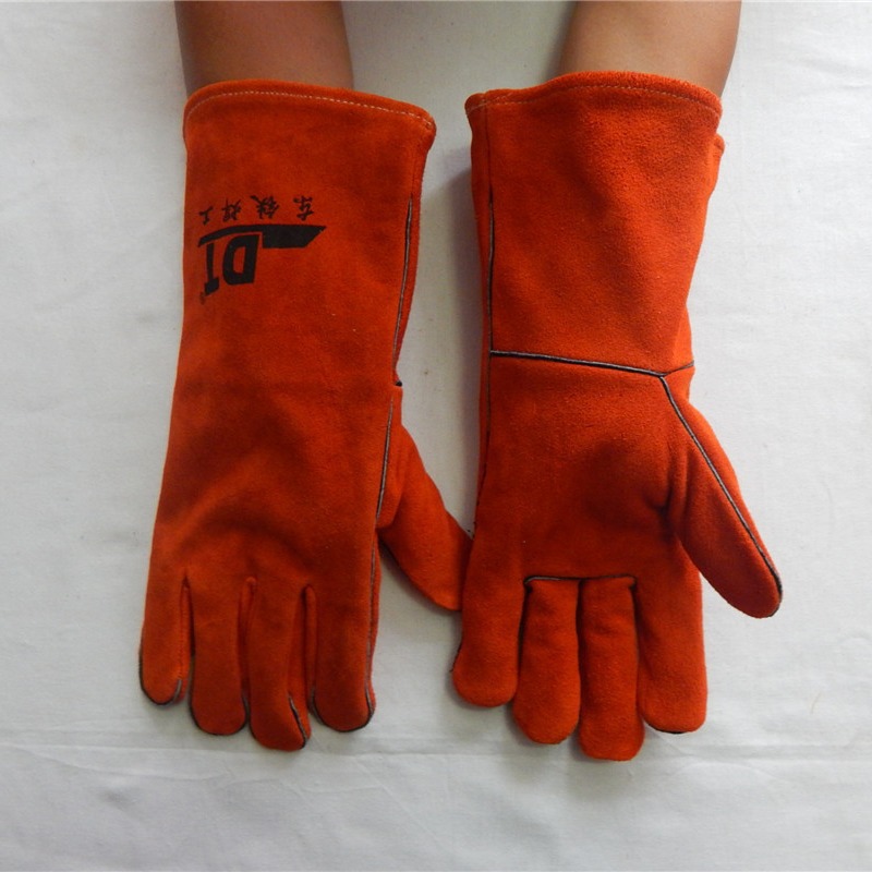 厂家批发14英寸橘黄色牛二层皮全衬里加托电焊手套焊工专用手套