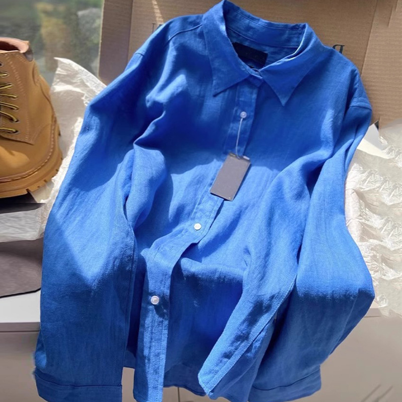 High-end Cotton Linen Shirt Women's Spring and Autumn Sunscreen Cardigan French Retro Klein Blue Long Sleeve Shirt Linen Top