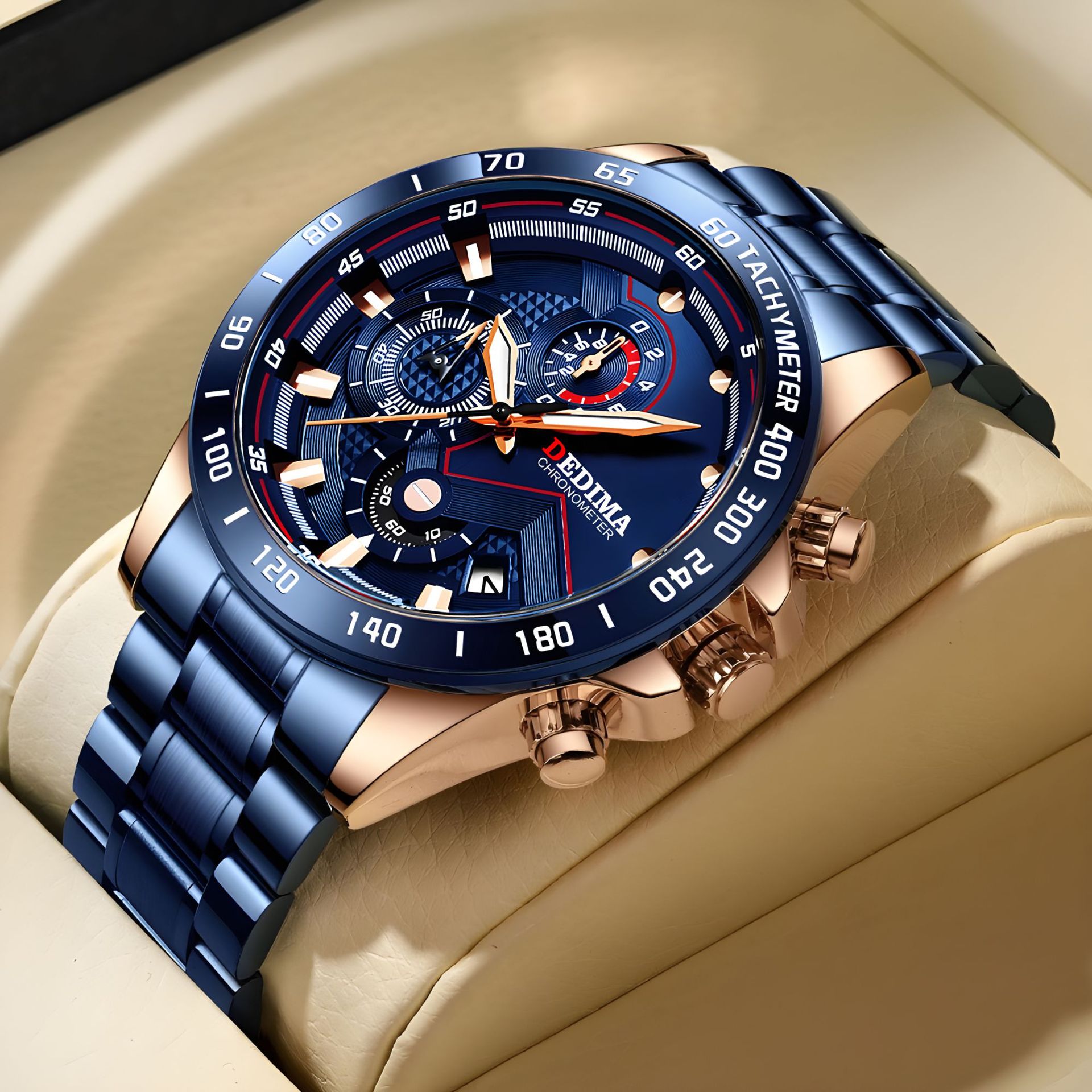 High-end fashion three-eye six-pin multifunctional waterproof luminous sports steel band watch solid butterfly buckle cross-border hot sale