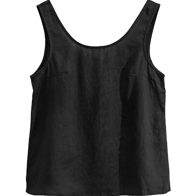 Women's Linen Vest Casual Summer Sleeveless Low round Neck Top_ecoleips.com