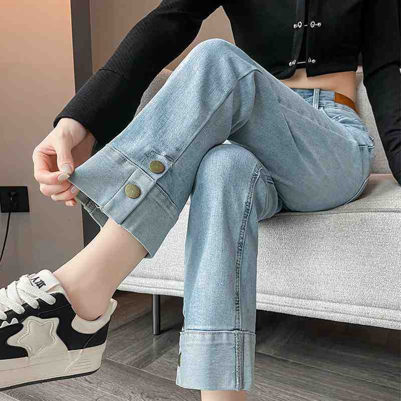 Light Blue Narrow Smoke Tube Jeans Women's Spring 2024 Stretch Cropped French-stick Straight Pants