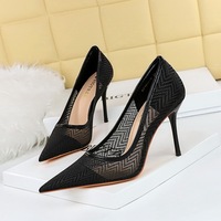 1963-3 European and American Fashion High Heels Women's Shoes Thin Heels High Heels Shallow Notched Pointed Sexy Mesh Hollow Lace Single Shoes