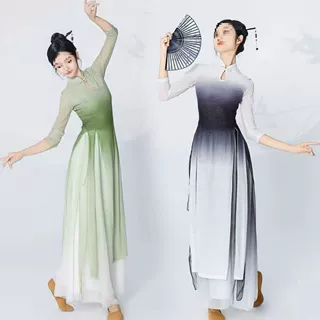 旗袍舞蹈服古典舞女飘逸纱衣练功服女舞弹力网纱古风新款套装现货