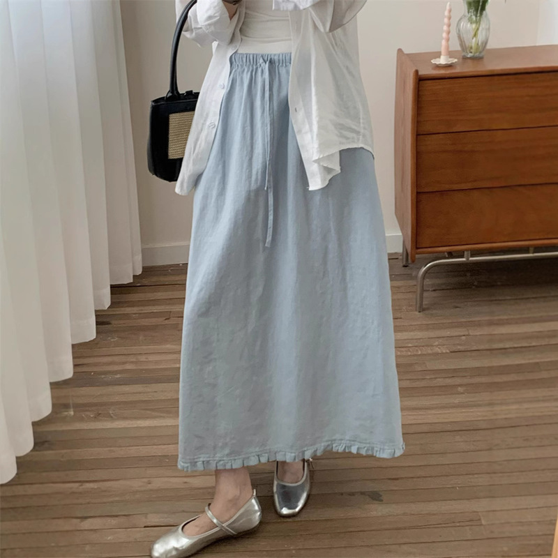 Linen Skirt with Ruffled Edges for Women, 2026 Summer New Style, Drawstring Elastic High Waist, Slimming and Flattering, Back Slit Long Skirt