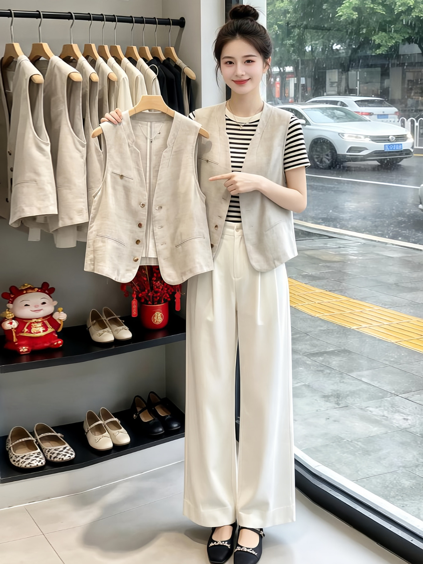 Áo khoác vest không tay cổ V nữ chất liệu linen phối nút đơn — màu be