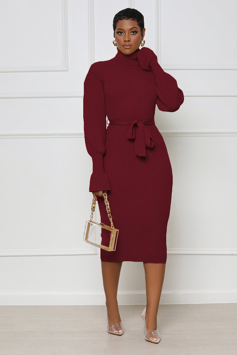Women's Clothing solid color high collar knitted strap dress_voghion.com
