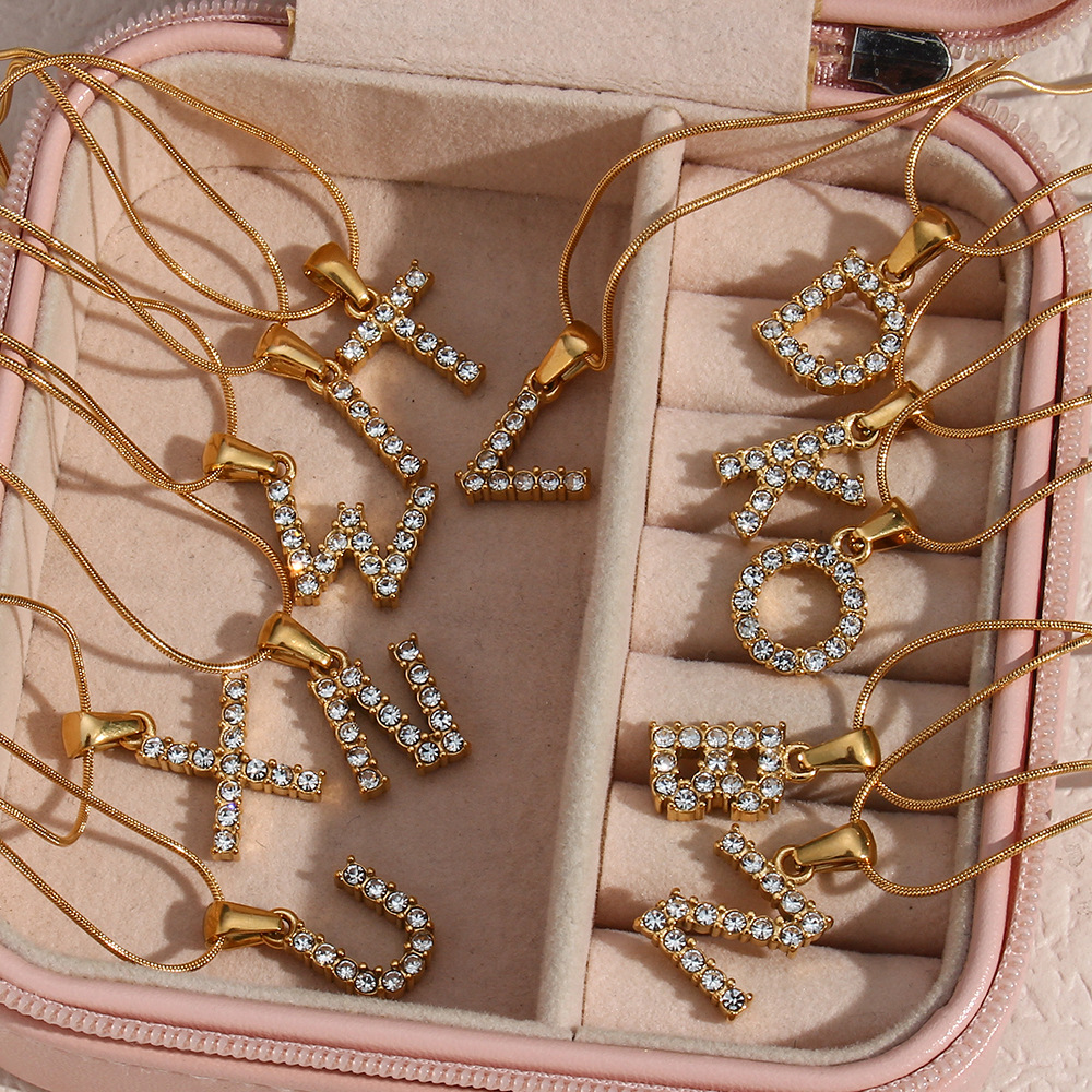 0.03µm-0.05µm Gold Plating Thickness PVD Coated Gold Plating Process 18K Gold Plated Plating Material 304 Stainless Steel, Rhinestone Pendant Material PVD Coated Real Gold Plated 18K Gold Letter 304 Stainless Steel Waterproof Non Tarnish 304 Stainless Steel Necklace