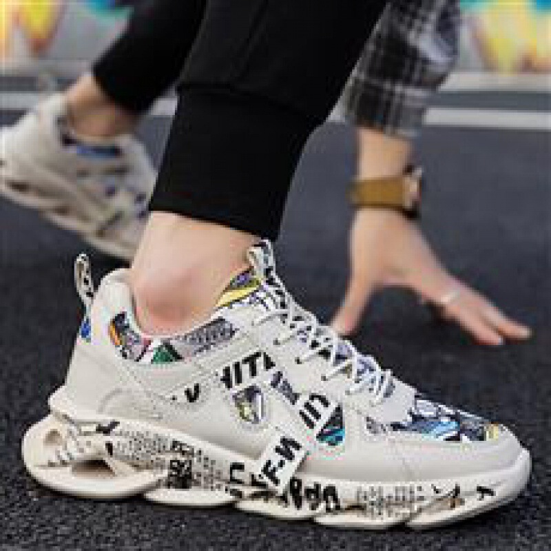 Spring New Men's Shoes, Fashionable Youth Lace-Up Casual Trendy Shoes, Graffiti Color-Blocking Low-Top Sports Running Shoes, Dropshipping