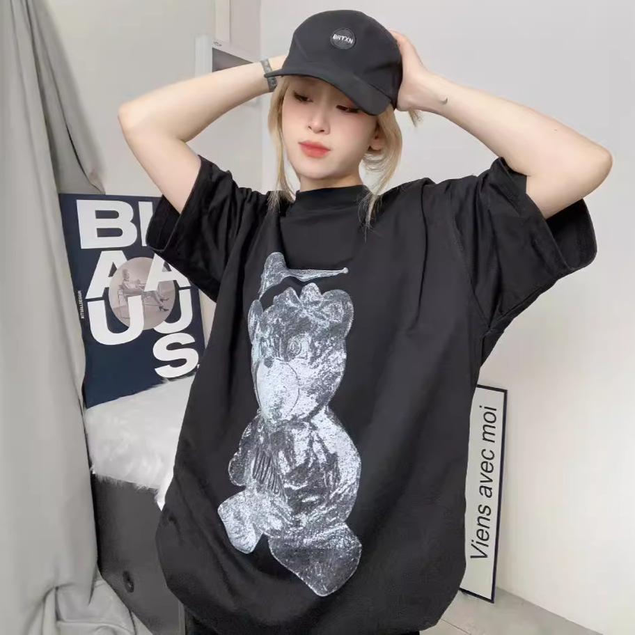 2024春夏新款美式复古小熊印花男女同款休闲宽松短袖圆领T恤衫