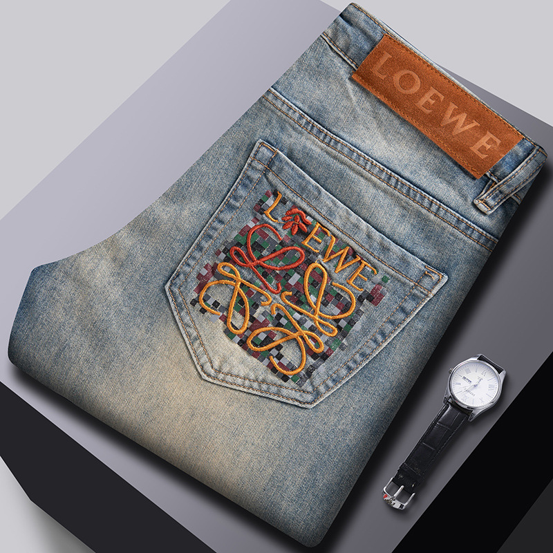 Bordado Mizongtu Jeans de hombre europeo de gama alta, amarillo fangoso pesado, lavado elástico delgado, pantalones de hombre rectos pequeños