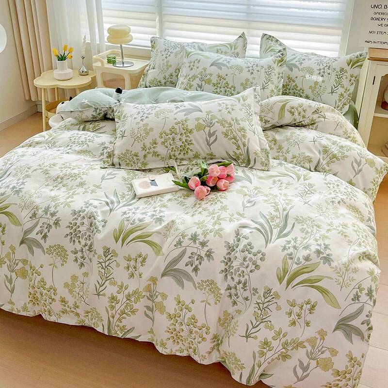 Thickened Sanding Four-piece Small Fresh Washed Cotton Bed Sheet Quilt Cover Pillowcase Student Dormitory Three-piece Bedding