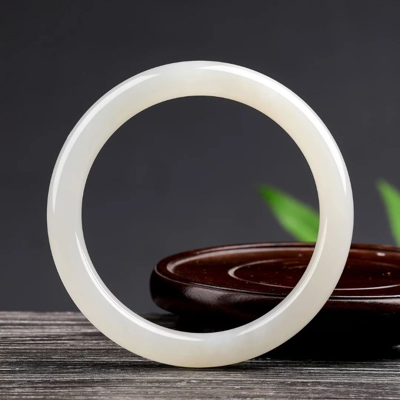 Vòng tay ngọc bích Tân Cương tự nhiên dạng Dingdong dải mỏng mỡ cừu — Vòng tay Dingdong khoảng 7mm để gửi giấy chứng nhận túi quà hộp quà chi tiết 3