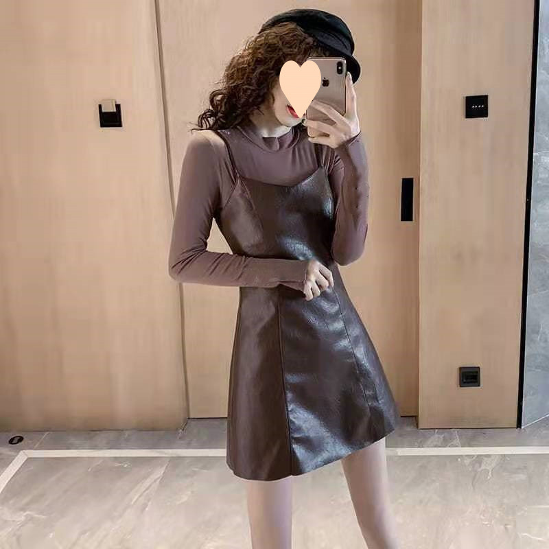 2025秋季新款裙子兩件套裝洋氣小個子吊帶皮連衣裙女秋冬打底裙