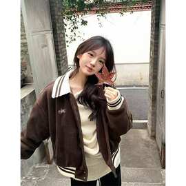 美拉德穿搭字母刺绣翻领夹克外套美式复古棒球服女2025春季上衣潮
