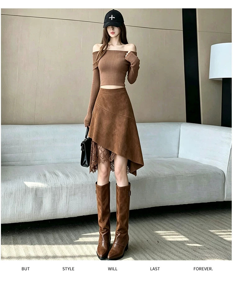 Chân váy nữ dáng chữ A eo cao lưng cao phong cách thanh lịch, chất liệu da hươu mềm mịn, thiết kế bất đối xứng, dáng trung dài — Màu cà phê đậm, màu kaki, đen chi tiết 19