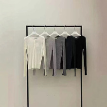 现much more韩国东大门2025年春季半系扣针织衫微透圆领修身长袖