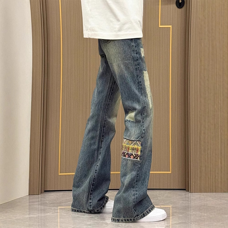 Ethnic Style Patchwork Denim Jeans for Men, American Retro Pants, Clean Fit, Drapey Straight-Leg Flared Pants, Trendy
