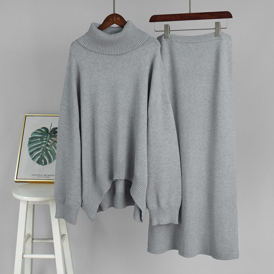 Bộ đầm áo len cổ cao dài tay phối chân váy dài dệt kim form rộng nữ — 50% Visco, 30% Polyester, 20% Nylon, Màu trắng be, Màu xanh lam, Màu xám chi tiết 22
