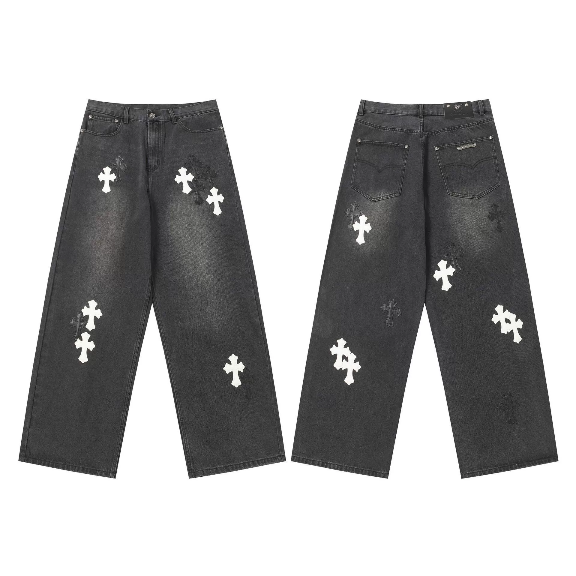 Исправленная версия джинсов с нашивкой крестом Chrome Hearts Croix, вышитые, выстиранные, оптом, дропшиппинг