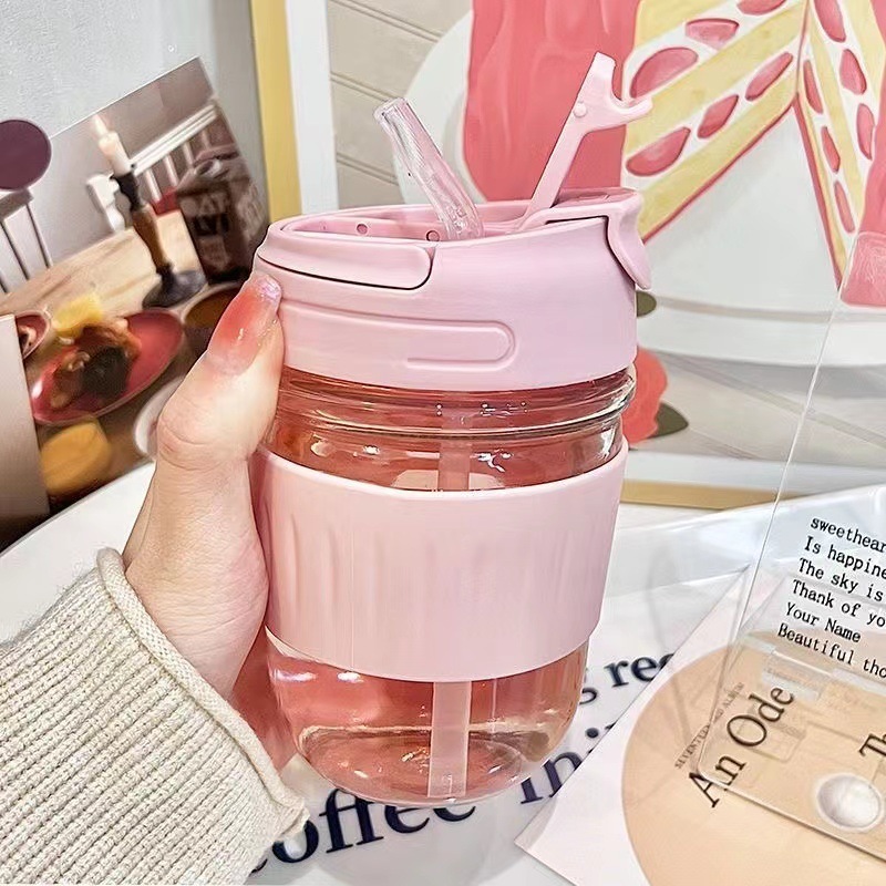 网红玻璃水杯双饮杯高颜值夏季女生咖啡杯子简约带盖吸管杯牛奶杯|undefined