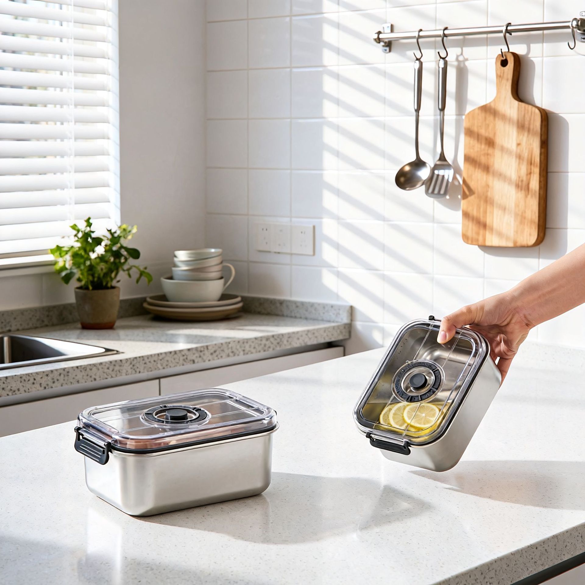 Caja de Conservación de Alimentos Hongjun Da de Acero Inoxidable 304 para Uso Doméstico, Caja Sellada para Refrigeración de Frutas y Verduras, Caja de Almacenamiento, Caja de Conservación al Vacío.