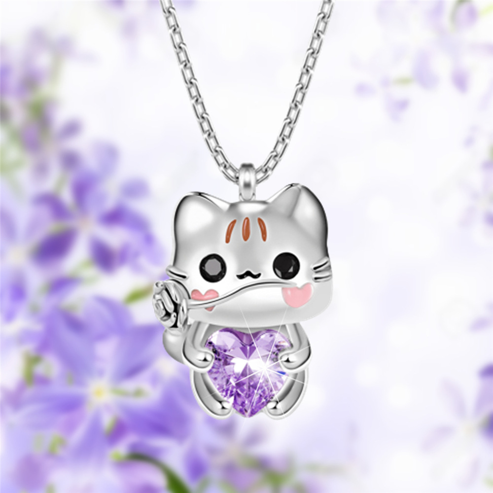 13g Weight Cute Heart Shape Cat Rose Zircon Alloy Cable Chain Pendant Necklaces Wholesale