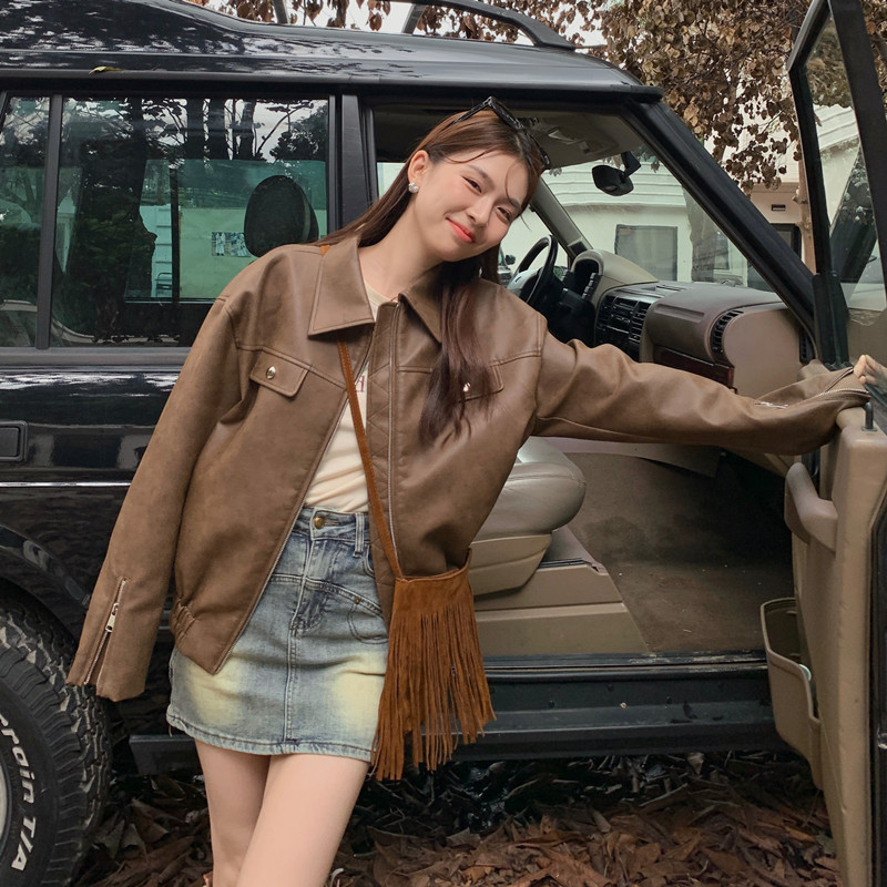 2026 Spring and Autumn American Retro Coffee-Colored Leather Jacket Old Money Style Women's Maillard Outfit