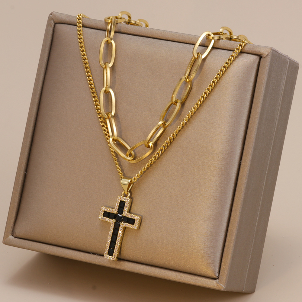 Fashion Cross Stainless Steel Plating Zircon Layered Necklaces 1 Piece display picture 5