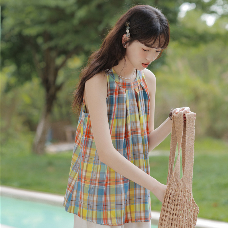 2025 Summer New Korean Style Fashion Niche Color Plaid Sleeveless Hanging Neck Top Small Shirt Doll Shirt for Women