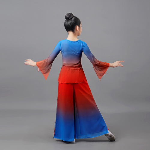 girls Blue gradient chinese folk classical dance costumes hanfu kids classical fan umbrella dance dresses chinese wind dance performance clothes for children