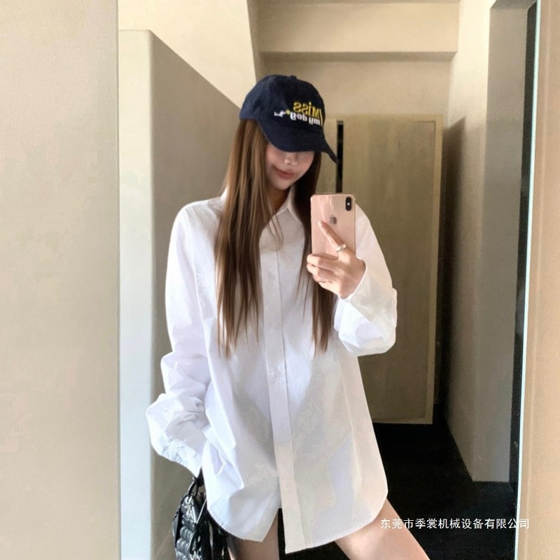 时尚套装感翻领单排扣牛仔外套女秋季叠穿白色衬衫上衣两件套|undefined