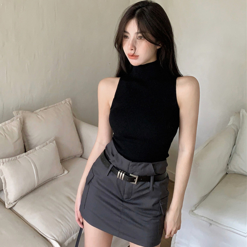 Hot Girl High-Neck Sleeveless Knitted Bottoming Shirt for Women with Small Vest Thin Slim Fit Stretchy Purple Top Hot Girl High-Neck Sleeveless Knitted Bottoming Shirt for Women with Small Vest Thin Slim Fit Stretchy Purple Top