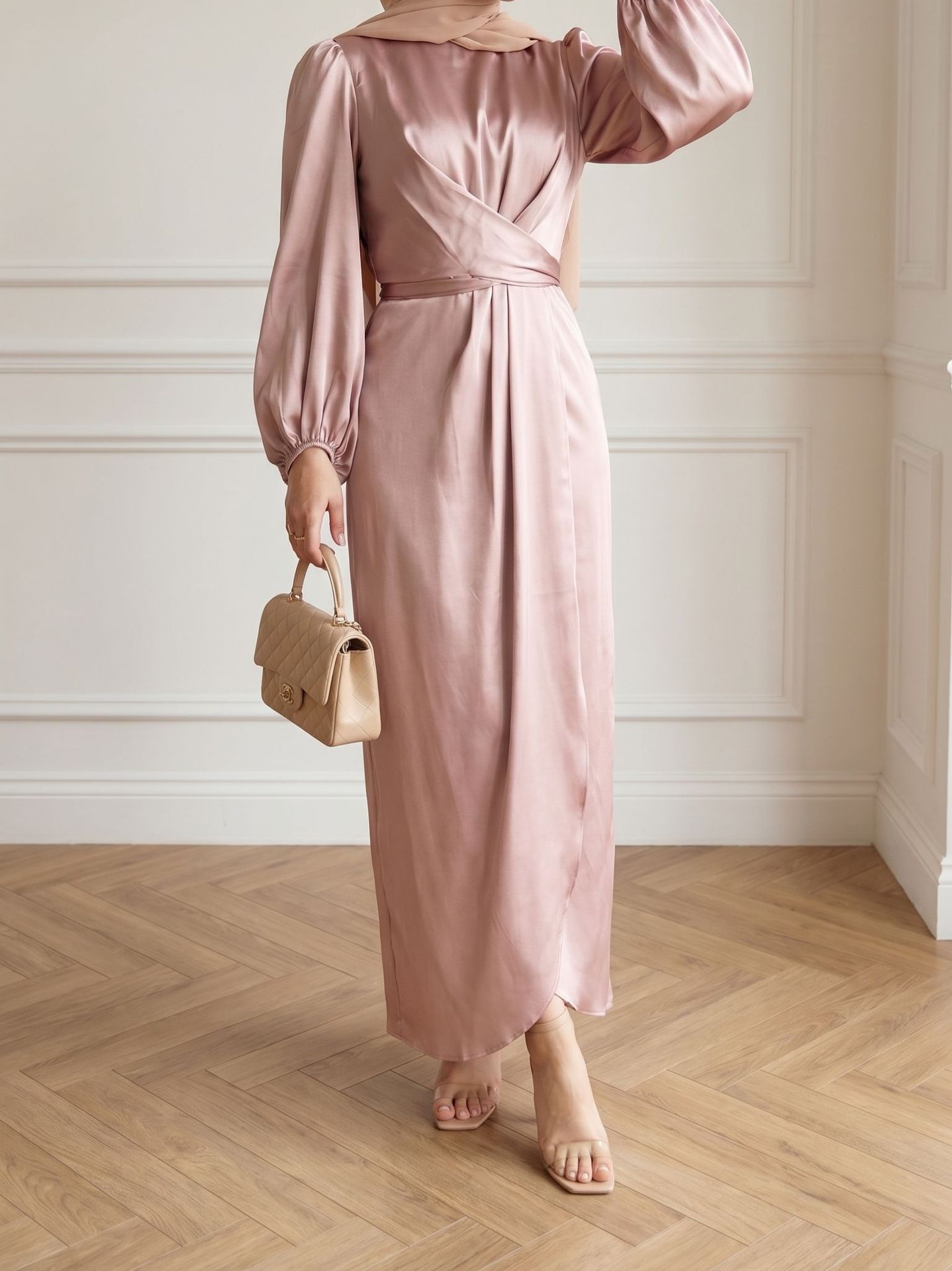 Elegantes Damen Satin Kleid Mit Laternenärmeln Und Bindegürtel_voghion.com