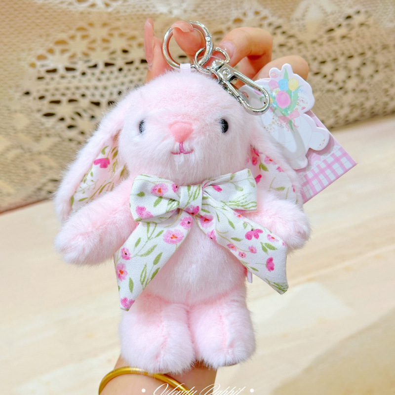 オリジナル本物の 15 センチメートル花蝶ネクタイウサギぬいぐるみキーホルダーペンダント癒しのコンパニオン人形ギフト卸売|undefined